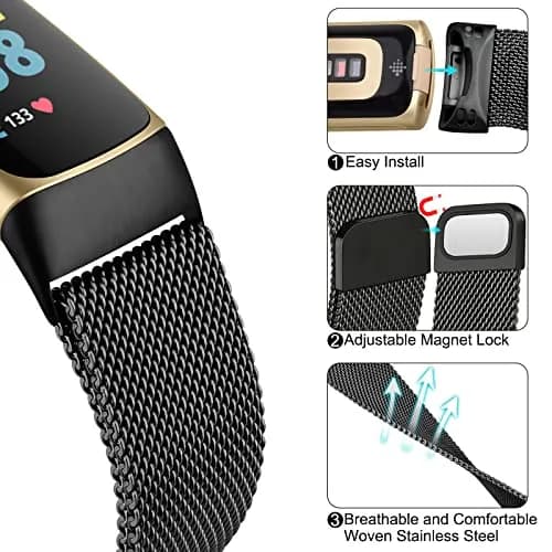 AK Metal Band Compatible with Fitbit Charge 6, Black Stainless Steel Mesh Loop Magnetic Replacement Strap | Adjustable Fit for 135-215mm Wrists thumbnail 5