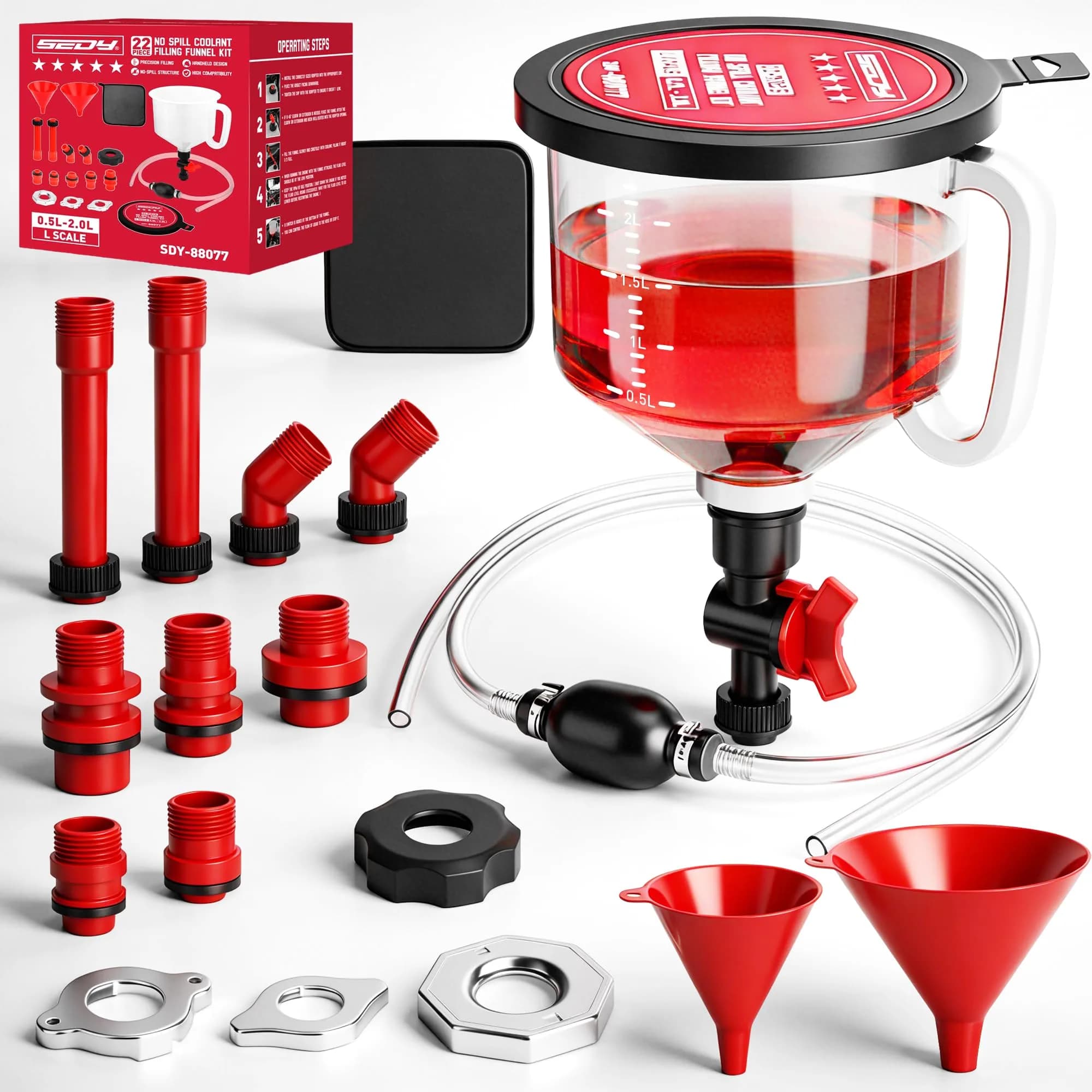 SEDY 22-Piece No-Spill Coolant Filling Funnel Kit and Siphon Hose Pump | Spill-Proof Automotive Fluid Transfer Tool (70-120 chars) - main product image
