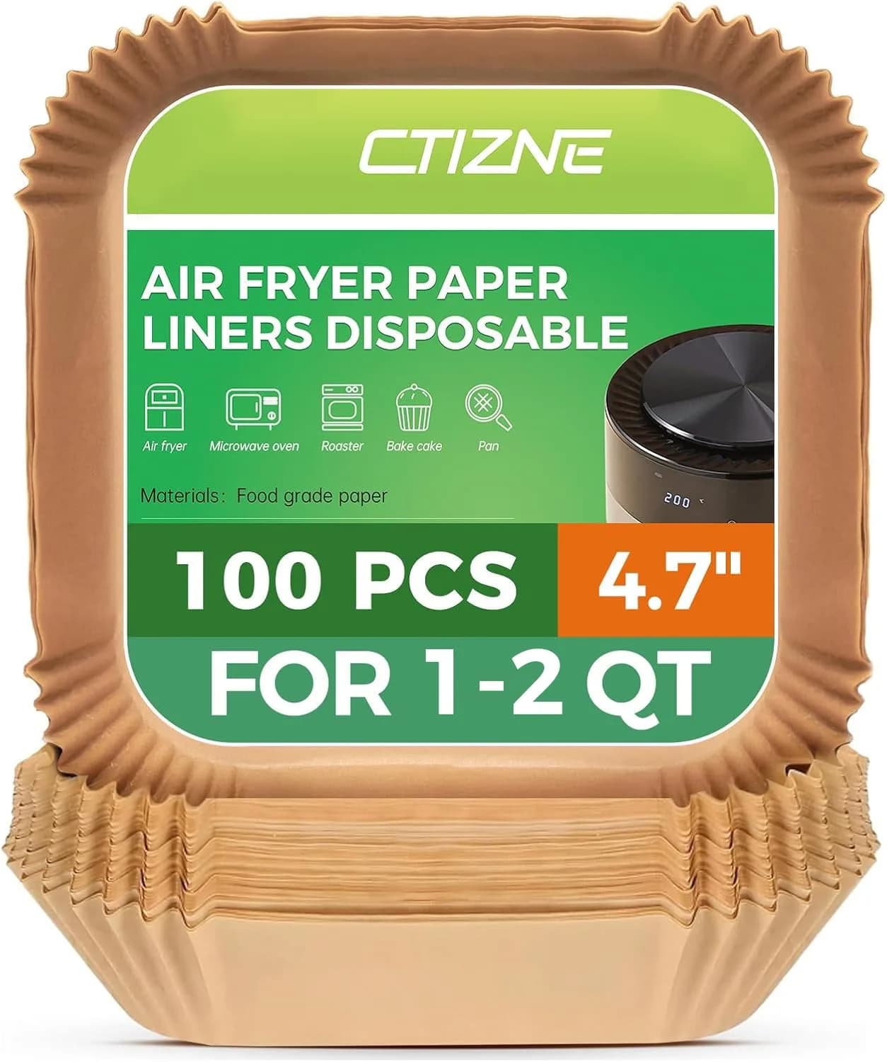 ctizne Air Fryer Liners Disposable Square Parchment Paper 4.7In (100-Pack, White) - main product image