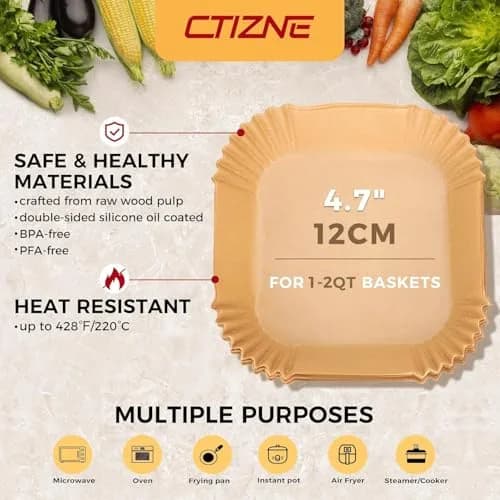 ctizne Air Fryer Liners Disposable, 100Pcs Parchment Paper 4.7" Square | Food Grade Non-Stick for 1-2QT Air Fryers thumbnail 2