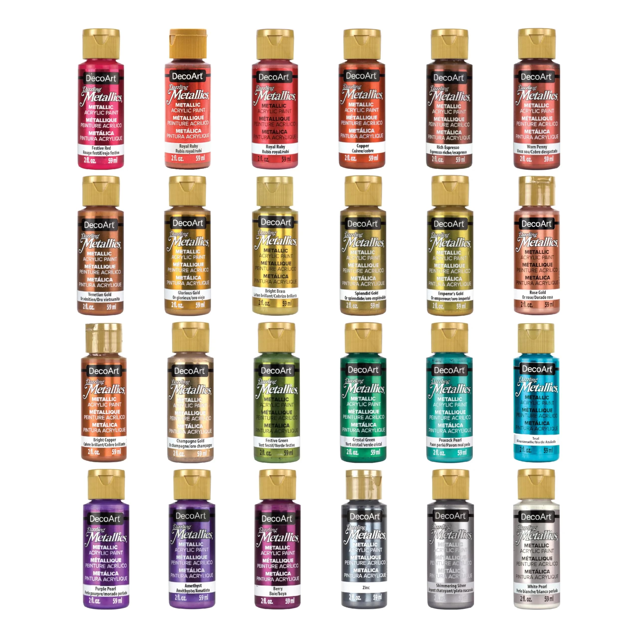 DecoArt Americana Dazzling Metallics Acrylic Paint Set – 24 Colors (48 Fl Oz Total) | Shimmering Metallic Craft Paints for Canvas, Wood & DIY — Multi – Starter