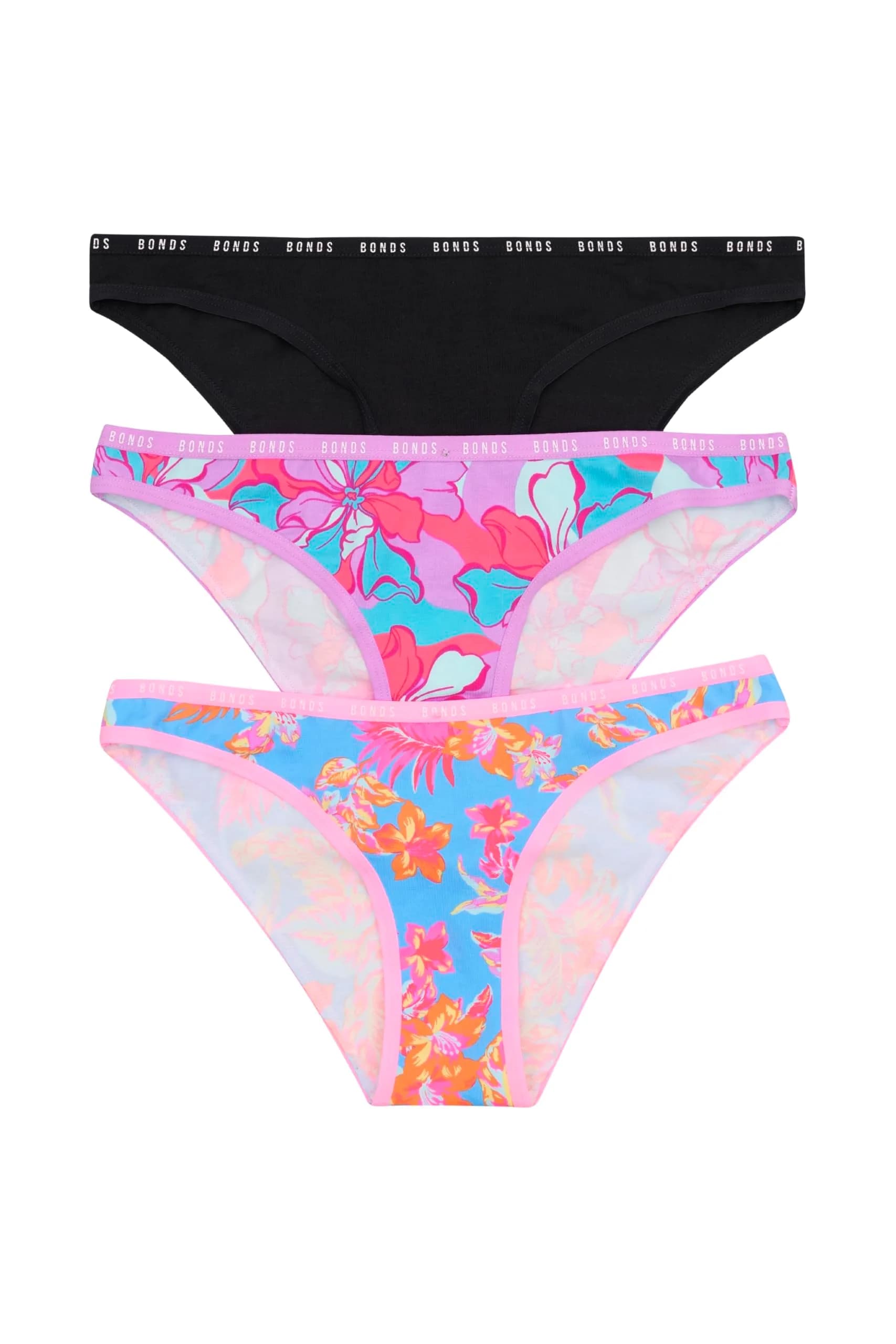 Bonds Women’s High-Cut Bikini Panties 3-Pack | Stretch Cotton-Blend, Soft Comfort — Black/Interflora/Island Time
