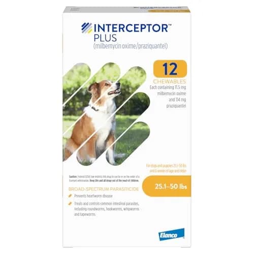 Interceptor Plus Monthly Tablets for Dogs 25.1-50 lbs. | 5-in-1 Heartworm & Worm Protection thumbnail 1