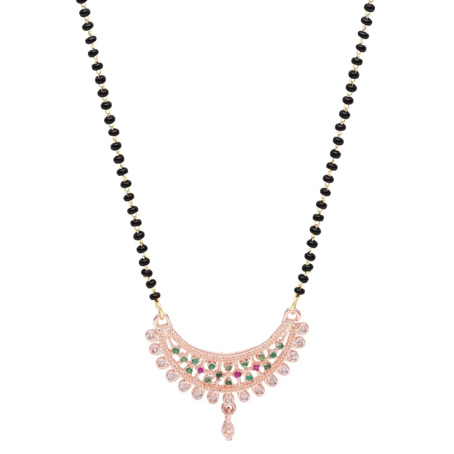 I Jewels Rose Gold Plated Indian Wedding Bollywood Single Line CZ Diamond Pendant with Black Bead Chain Mangalsutra for Women (D119) | Traditional & Modern — Rose Gold