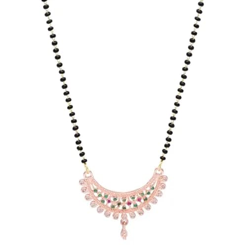 I Jewels Rose Gold Plated Indian Wedding Bollywood Single Line CZ Diamond Pendant with Black Bead Chain Mangalsutra for Women (D119) | Traditional & Modern thumbnail 1