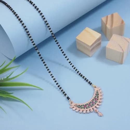 I Jewels Rose Gold Plated Indian Wedding Bollywood Single Line CZ Diamond Pendant with Black Bead Chain Mangalsutra for Women (D119) | Traditional & Modern thumbnail 2