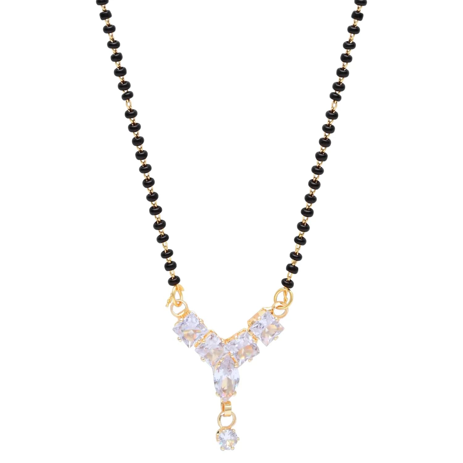 I Jewels Gold Plated CZ Diamond Pendant Black Bead Long Chain Mangalsutra for Women (D117) | Traditional Indian Wedding Jewelry — Gold