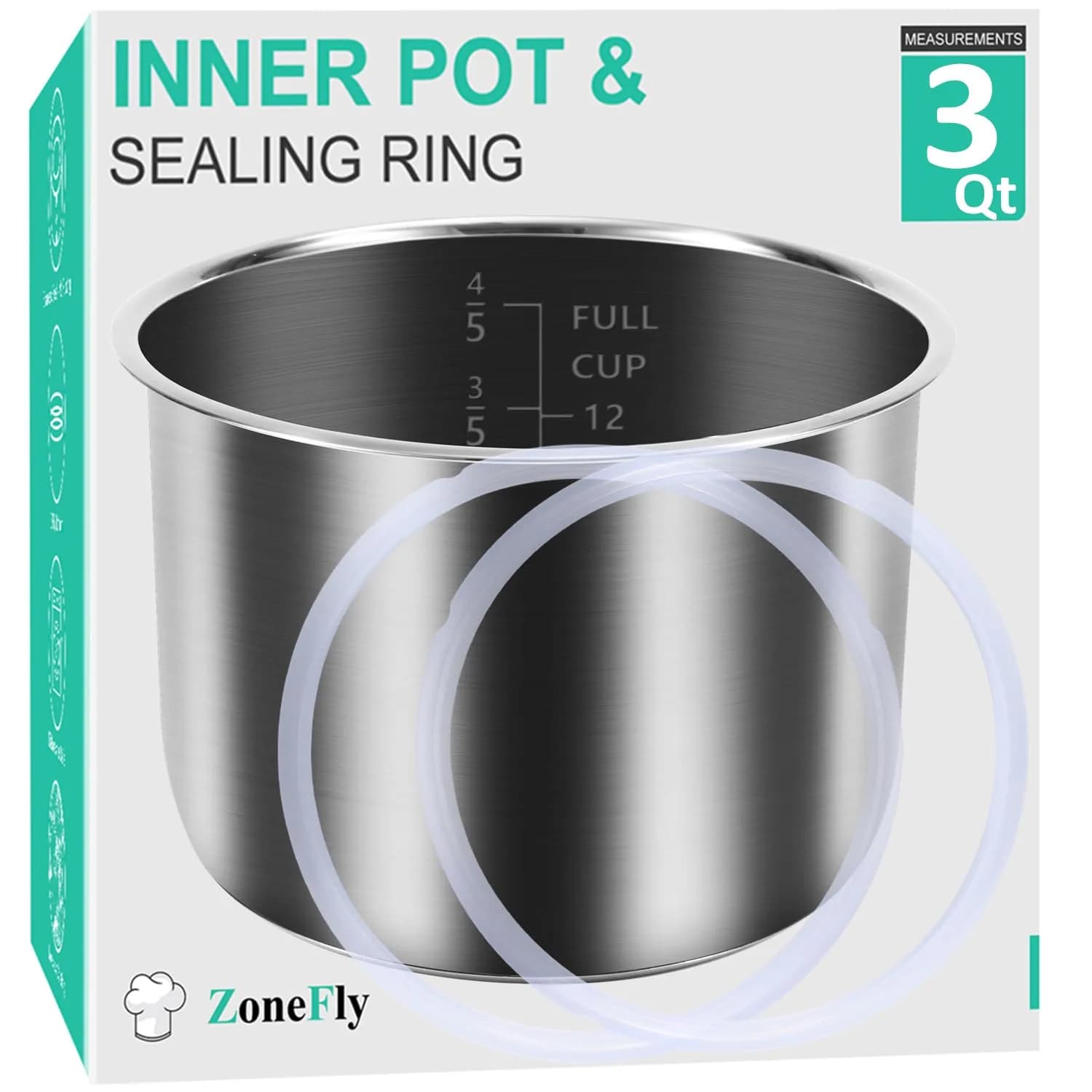 ZoneFly 3 Qt Inner Pot Replacement for Instant Pot | 2.84 L (3 Qt) Stainless Steel Cooking Pot with 2 Sealing Rings - main product image