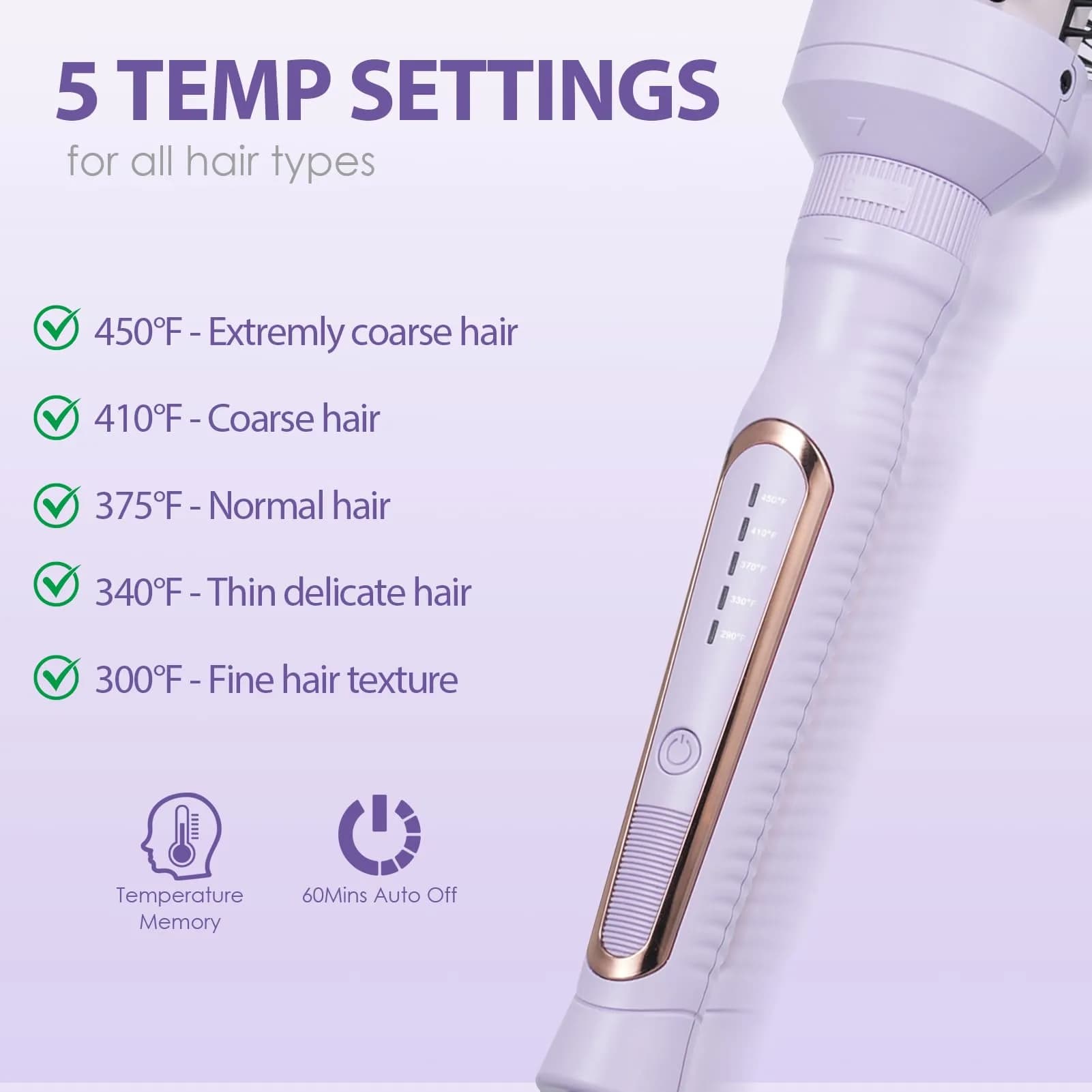 Sonew Heated Round Brush Set 1.25"/1.5"/1.75" | 3 Sizes for All Hair Types, 290-450°F, Dual Voltage, Lilac thumbnail 7