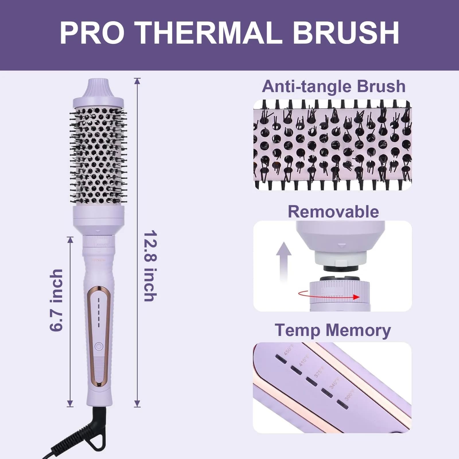 Sonew Heated Round Brush Set 1.25"/1.5"/1.75" | 3 Sizes for All Hair Types, 290-450°F, Dual Voltage, Lilac thumbnail 8