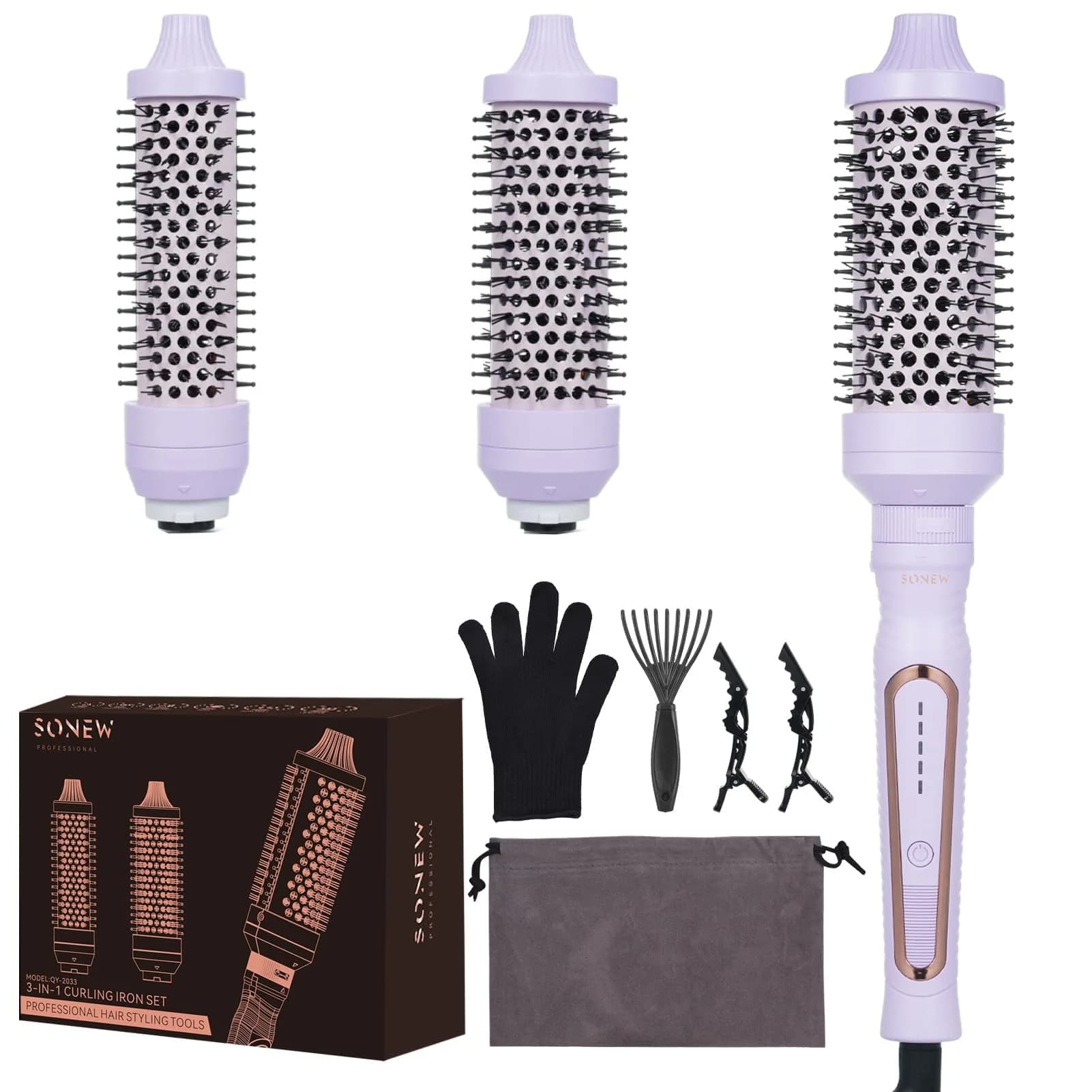 Sonew Heated Round Brush Set 1.25"/1.5"/1.75" | 3 Sizes for All Hair Types, 290-450°F, Dual Voltage, Lilac thumbnail 9