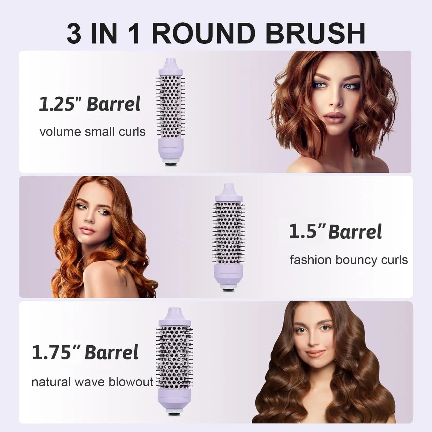 Sonew Heated Round Brush Set 1.25"/1.5"/1.75" | 3 Sizes for All Hair Types, 290-450°F, Dual Voltage, Lilac thumbnail 3