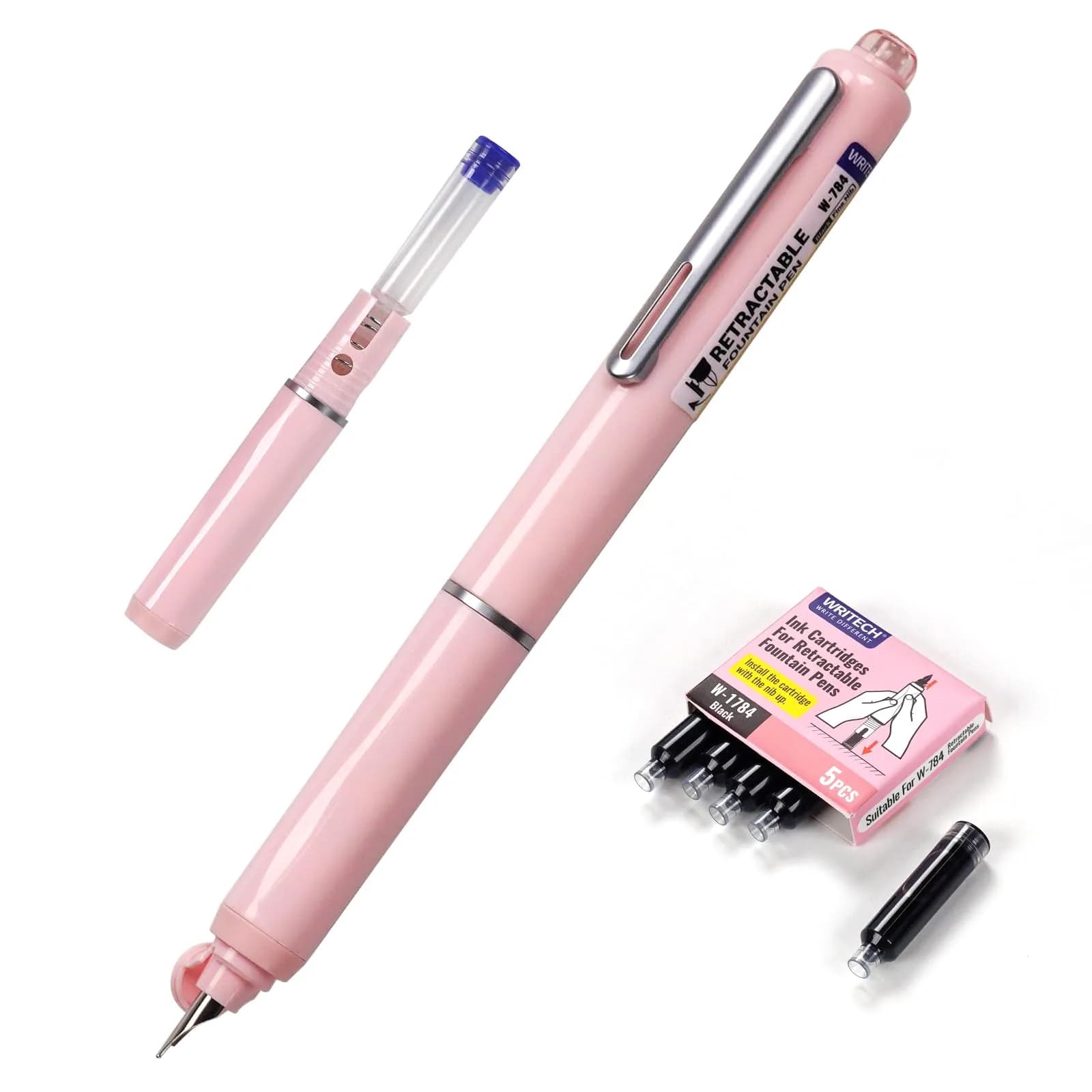 WRITECH Retractable Fountain Pen Set: Fine Nib, 5 Refill Cartridges, No Leaking, Pink | Smooth Calligraphy & Journaling — Soft Pink Pen
