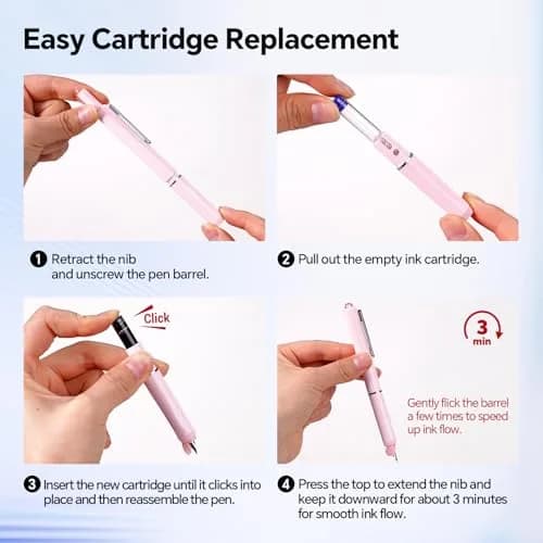 WRITECH Retractable Fountain Pen Set: Fine Nib, 5 Refill Cartridges, No Leaking, Pink | Smooth Calligraphy & Journaling thumbnail 2