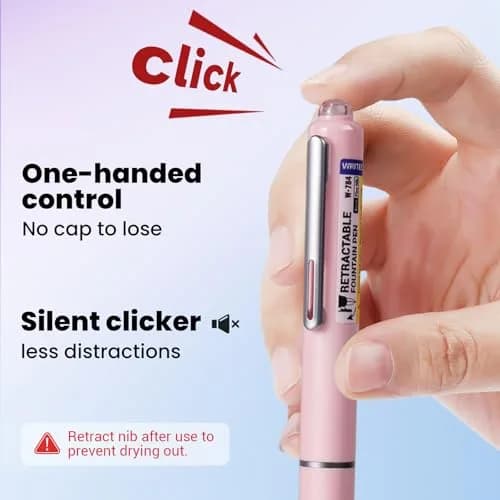 WRITECH Retractable Fountain Pen Set: Fine Nib, 5 Refill Cartridges, No Leaking, Pink | Smooth Calligraphy & Journaling thumbnail 3