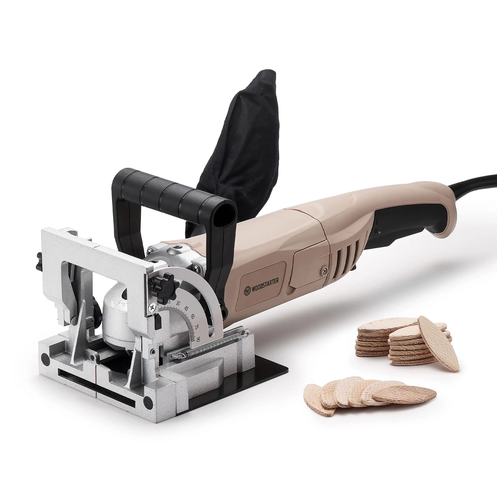 WOODSTARTER Biscuit Joiner Tool, 8.5 Amp 12000 RPM, Adjustable Angle & Depth, Dust Bag & 100 Biscuits | Wood Joinery & Furniture