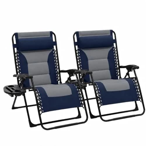 JEAREY Oversized Zero Gravity Chairs Set of 2 | 440 lb Capacity, Foldable Lounge Chairs with Headrest & Side Tray (Navy/Gray) thumbnail 1