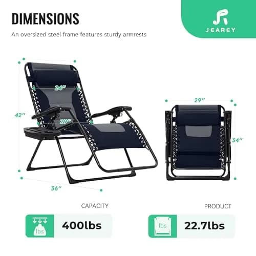 JEAREY Zero Gravity Chair, Oversized Padded Recliner - Navy/Grey | 400 lbs Capacity, 29" Wide Seat, Lock Recline, Foldable Steel Frame, Headrest & Side Tray thumbnail 3