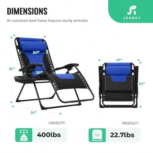 JEAREY Zero Gravity Chair, Oversized Padded Recliner - Black/Blue | 400 lbs Capacity, 29" Wide Seat, Lock Recline, Foldable Steel Frame for Patio & Garden thumbnail 3