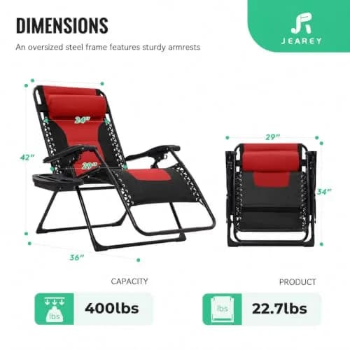 JEAREY Zero Gravity Chair, Oversized Padded Recliner - Jet Black/Red | 29" Wide Seat, 400 lb Capacity, Lock Recline, Foldable Steel Frame thumbnail 3