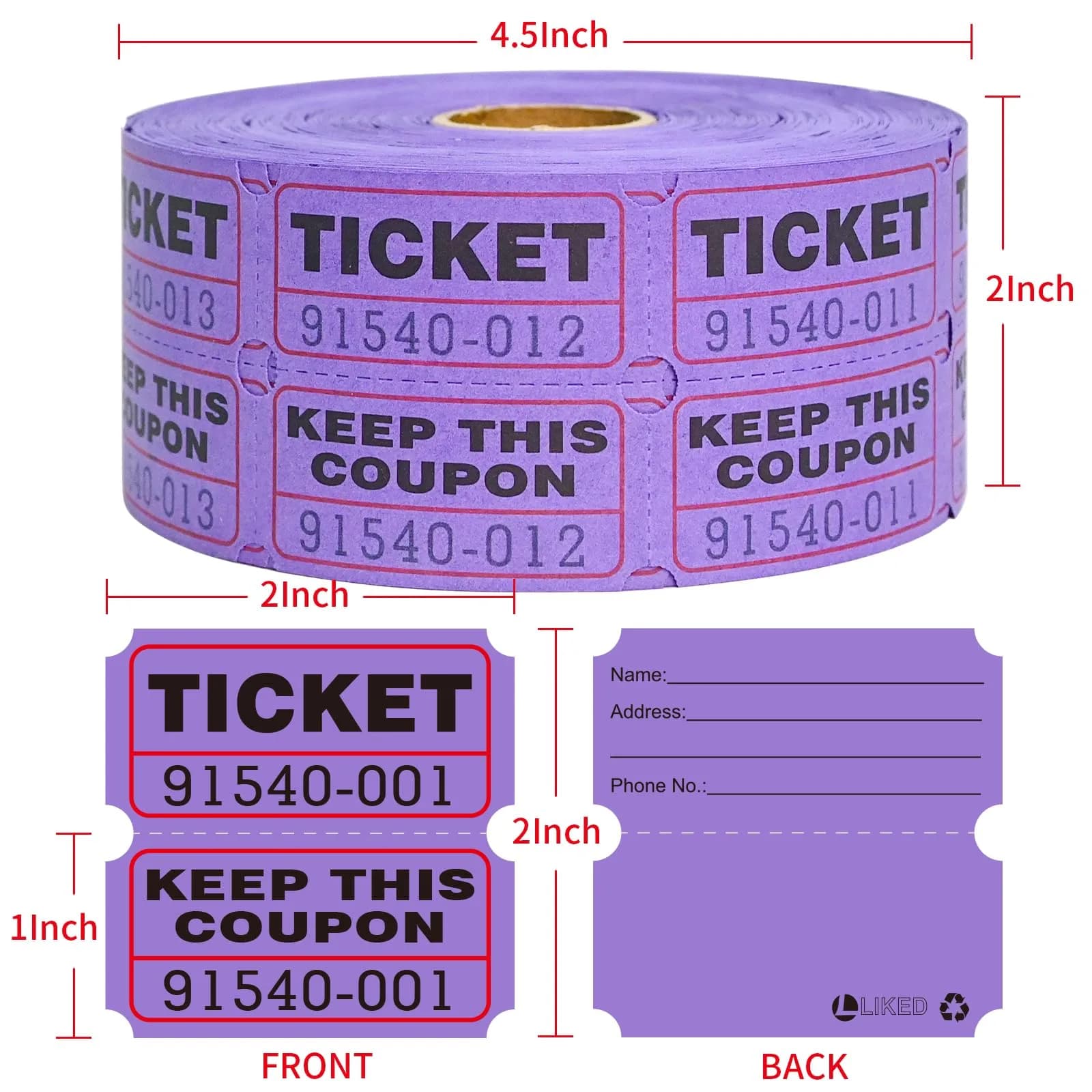 L LIKED Purple Raffle Tickets Double Rolls (1000 pcs) | 50/50 Event & Carnival Entry Tickets - view 2