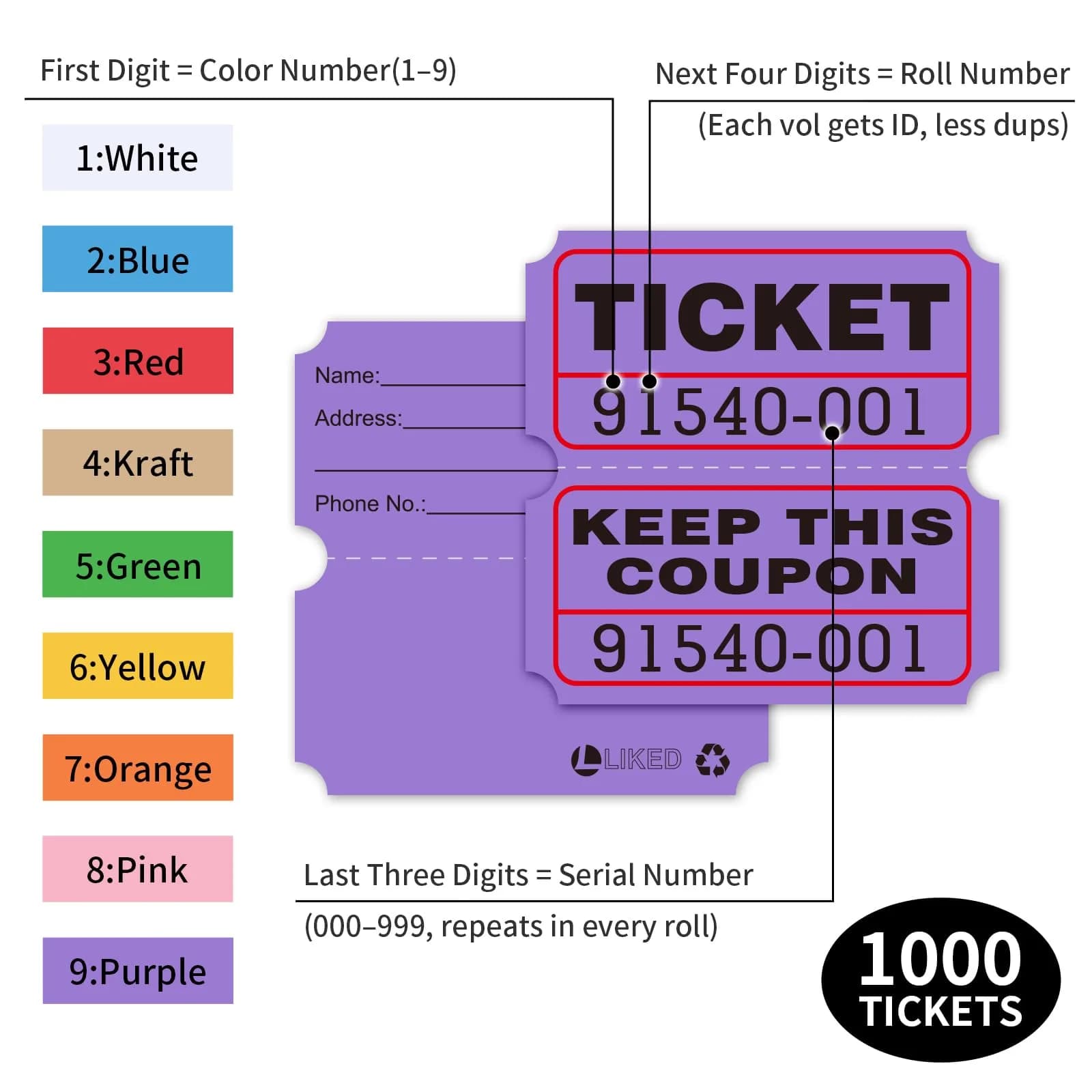 L LIKED Purple Raffle Tickets Double Rolls (1000 pcs) | 50/50 Event & Carnival Entry Tickets - view 3