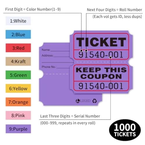 L LIKED Purple Raffle Tickets 2" x 2", Double Roll, 1000 Pairs/Roll | Consecutively Numbered for Events thumbnail 3