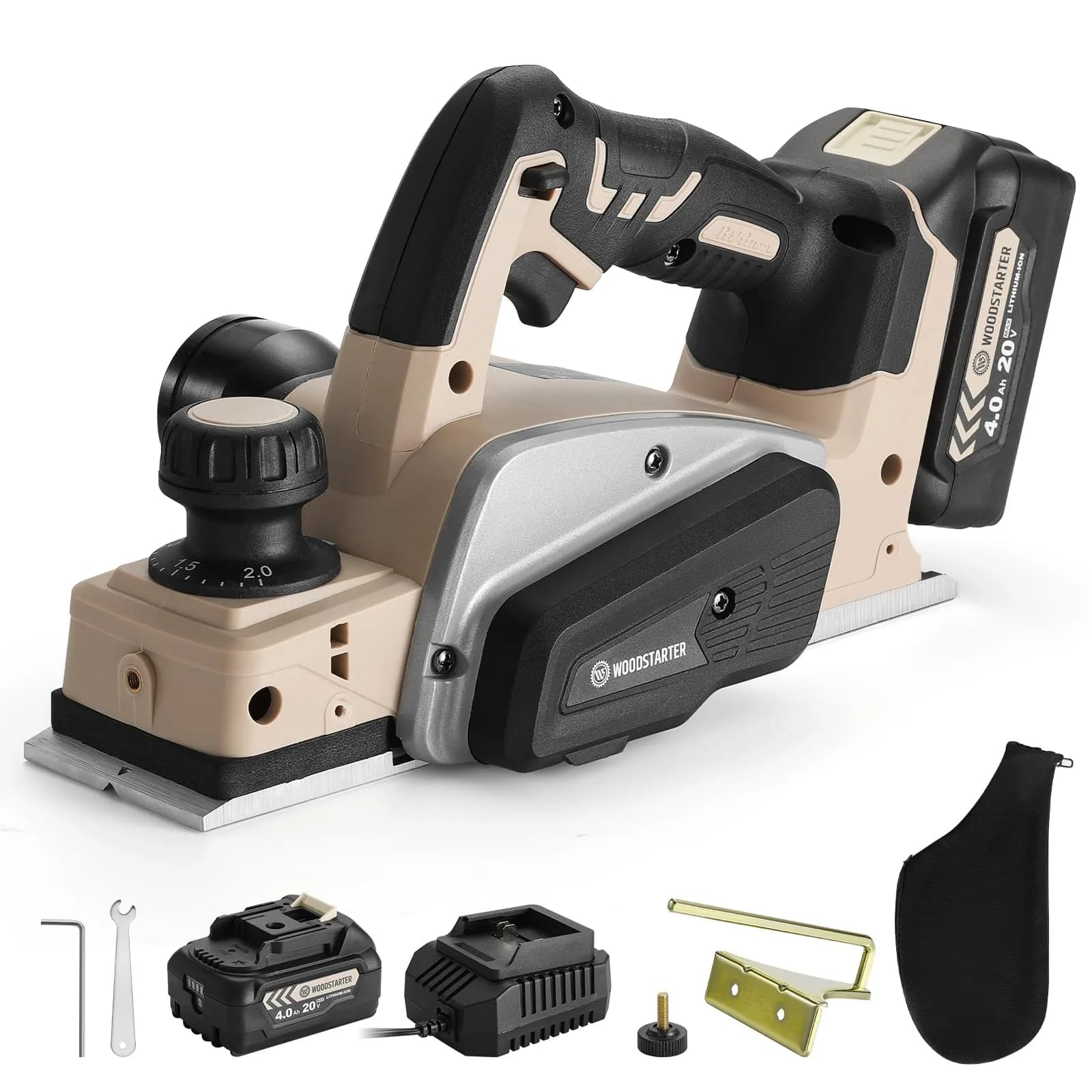 WOODSTARTER Cordless Electric Hand Planer 20V 3-1/4 Inch | Brushless Motor, Battery & Charger Included — With Battery and Charger