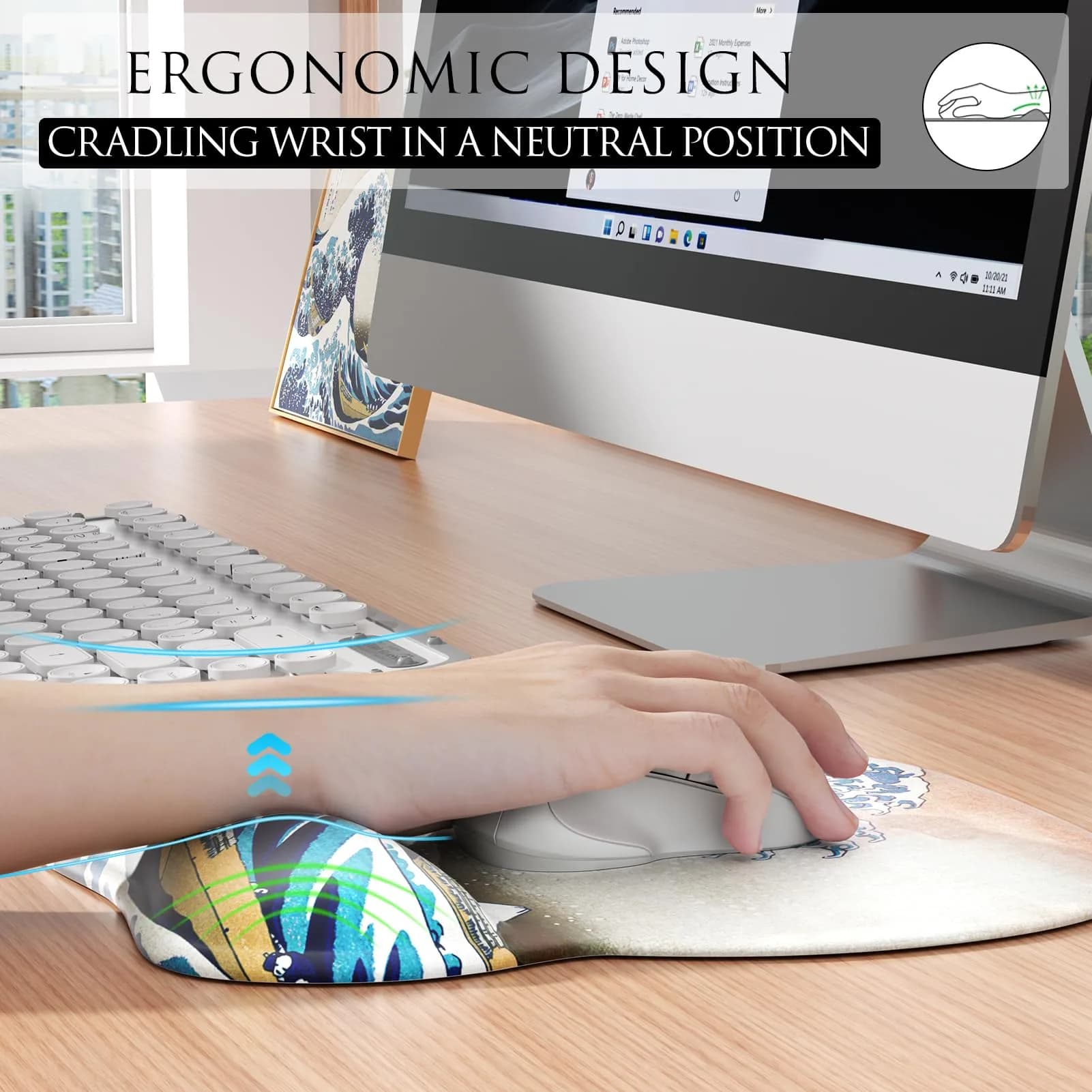 MROCO Ergonomic Mouse Pad with Gel Wrist Rest, 24cm x 20.5cm (9.4 x 8.1 in) | Great Wave Design - view 4