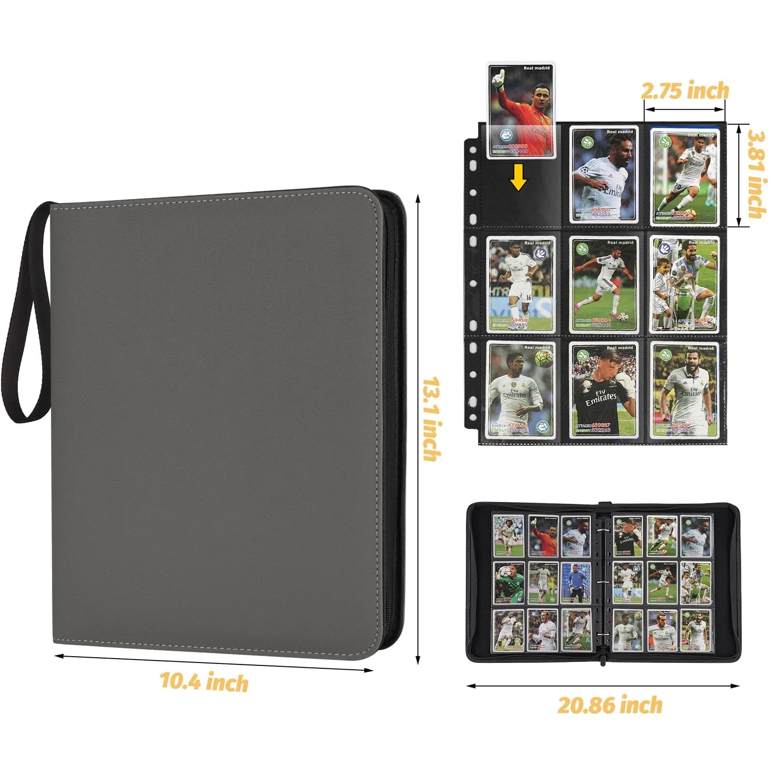 GERMUN 9 Pocket Zipper Card Binder with 40 Pages, 720 Card Capacity, Grey | Archival-Safe PU Trading Card Album Folder - view 2