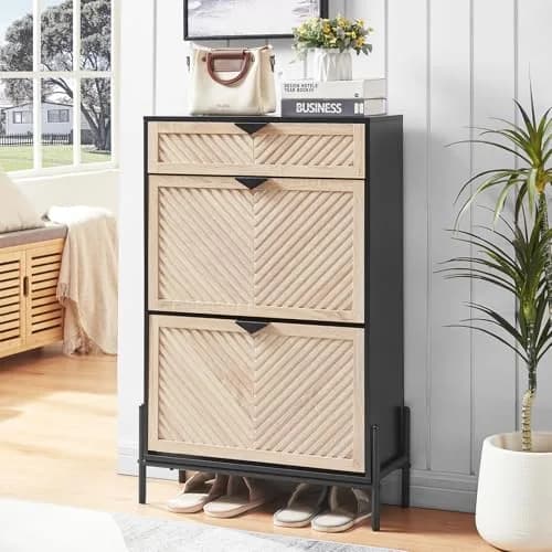 VIPLUMI Shoe Cabinet with 2 Flip Drawers | Narrow Entryway Storage in Oak&Black thumbnail 1