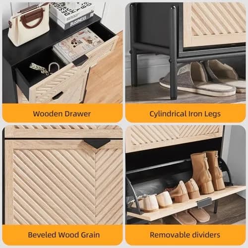 VIPLUMI Shoe Cabinet with 2 Flip Drawers | Narrow Entryway Storage in Oak&Black thumbnail 6
