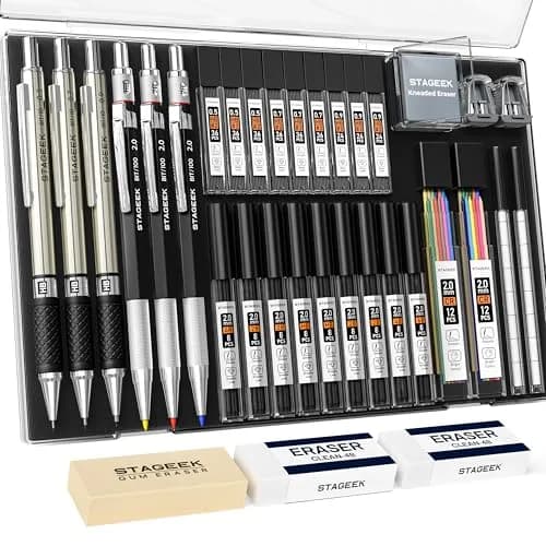 STAGEEK Mechanical Pencil Set with Case, 34PCS | 0.5mm, 0.7mm, 0.9mm, 2.0mm Leads & Erasers — 0.5, 0.7, 0.9, 2MM
