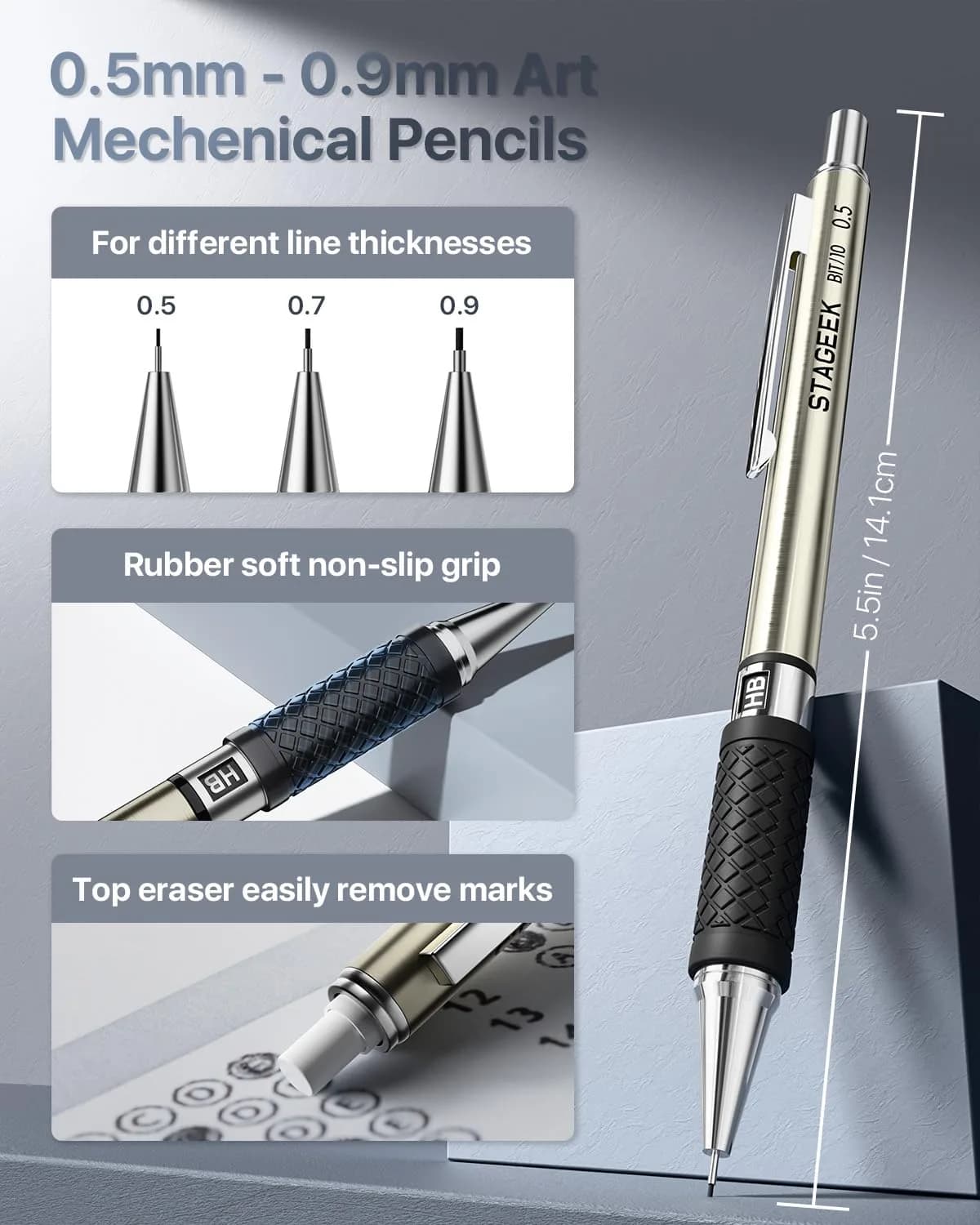 STAGEEK Mechanical Pencil Set with Case, 34PCS | 0.5mm, 0.7mm, 0.9mm, 2.0mm Leads & Erasers - view 4