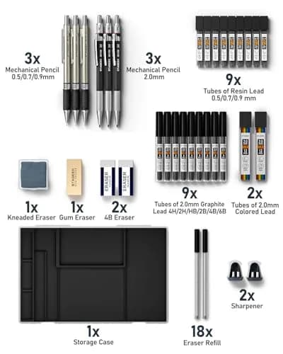 STAGEEK Mechanical Pencil Set with Case, 34PCS | 0.5mm, 0.7mm, 0.9mm, 2.0mm Leads & Erasers thumbnail 7