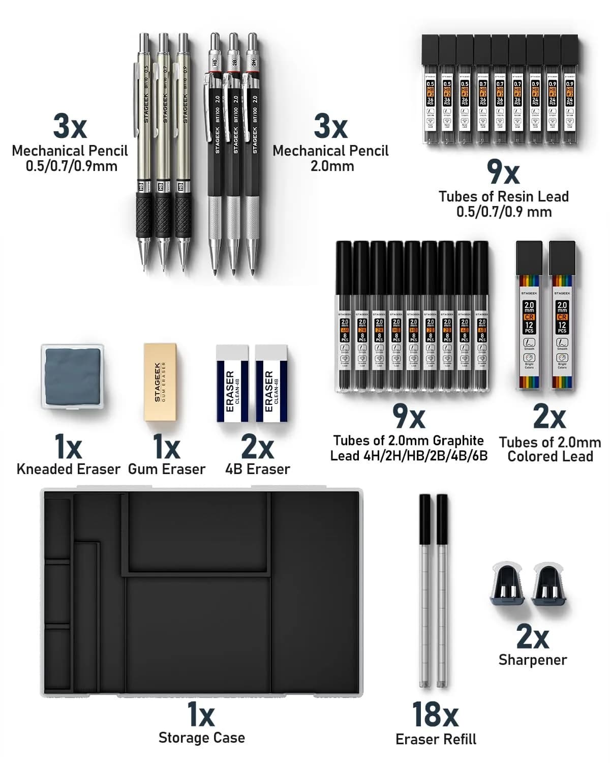 STAGEEK Mechanical Pencil Set with Case, 34PCS | 0.5mm, 0.7mm, 0.9mm, 2.0mm Leads & Erasers - view 7
