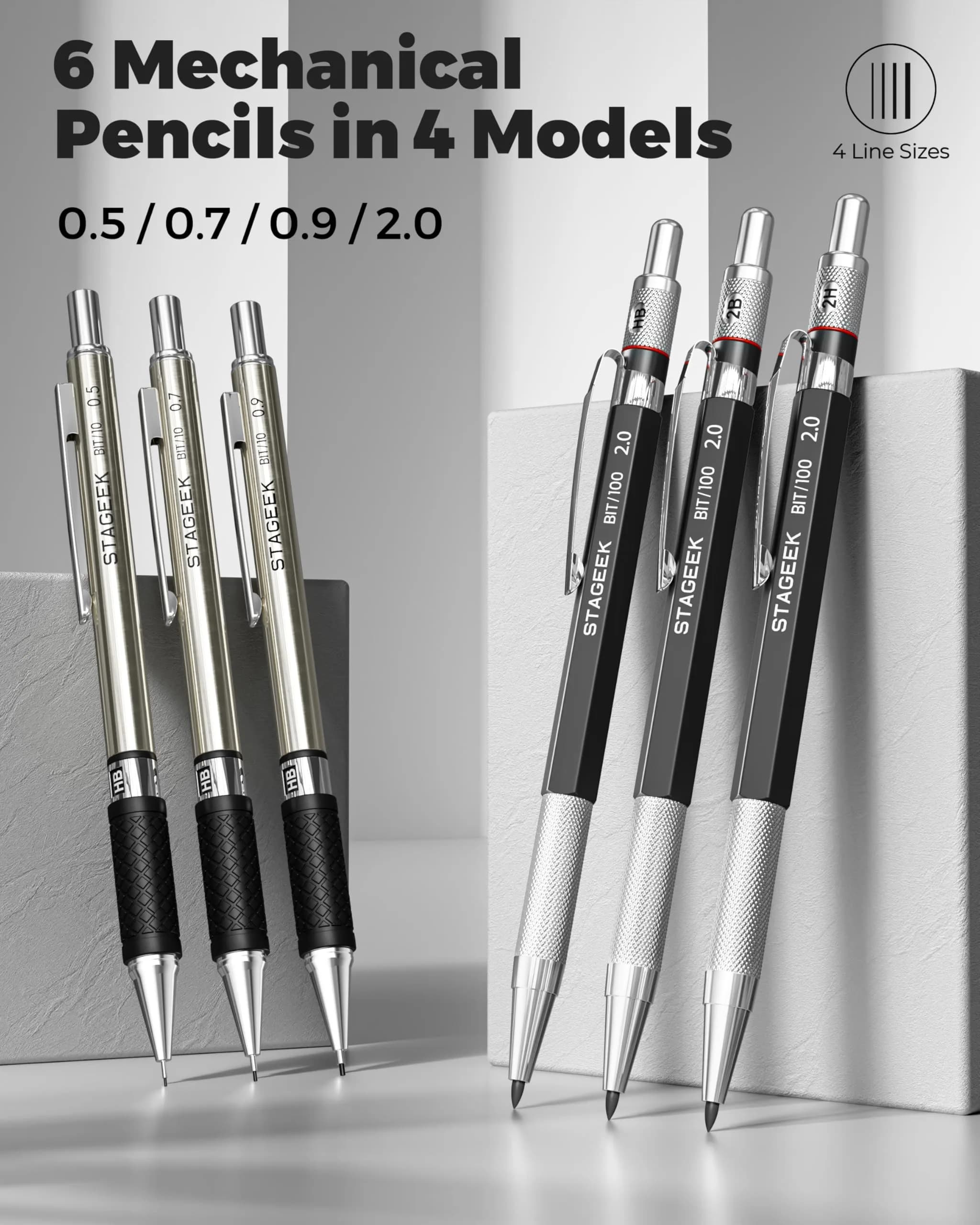 STAGEEK Mechanical Pencil Set with Case, 34PCS | 0.5mm, 0.7mm, 0.9mm, 2.0mm Leads & Erasers - view 2