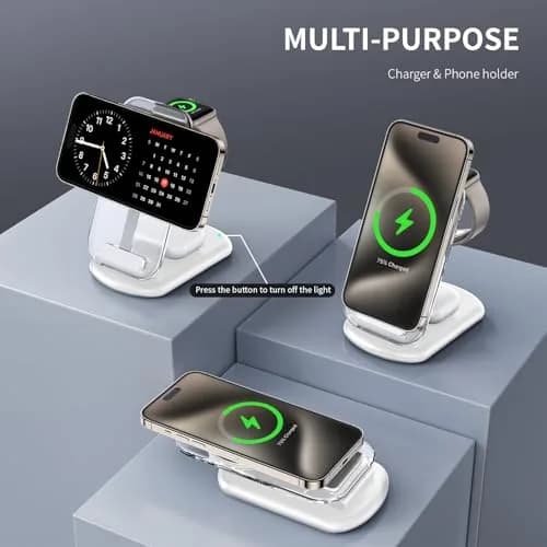 RYND 2026 Traveling Wireless Mag-Safe Fast Charging Station,Magnetic 3 in 1 Charger with Light for iPhone 16 15 14 13 12 Pro Max Plus,Apple Watch Series & Air pods 4 3 2 Pro-Gifts for Wife & Husband | 15W Fast Wireless Charging thumbnail 3