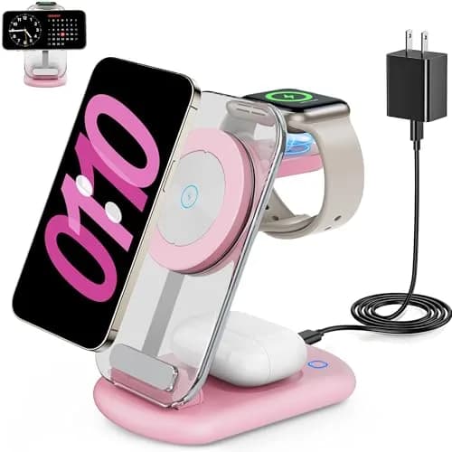 RYND Travel Wireless Fast Charging Station | 3-in-1 Magnetic Charger with Light for iPhone16/15/14/13/12, Apple Watch & AirPods (Pink) thumbnail 1