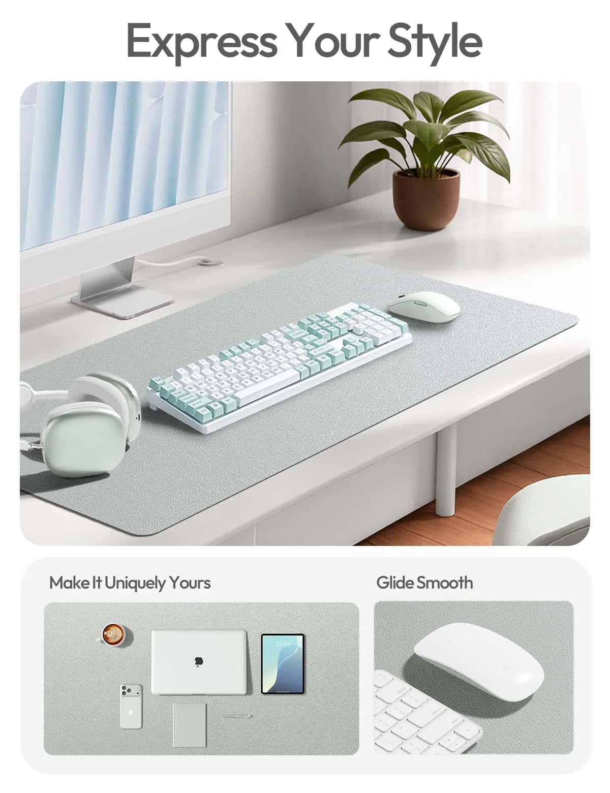 YSAGi Silver Leather Desk Pad Protector 89.9cm x 43.2cm (35.4" x 17") | Protects Desks, Doubles as Large Mouse Pad - view 2