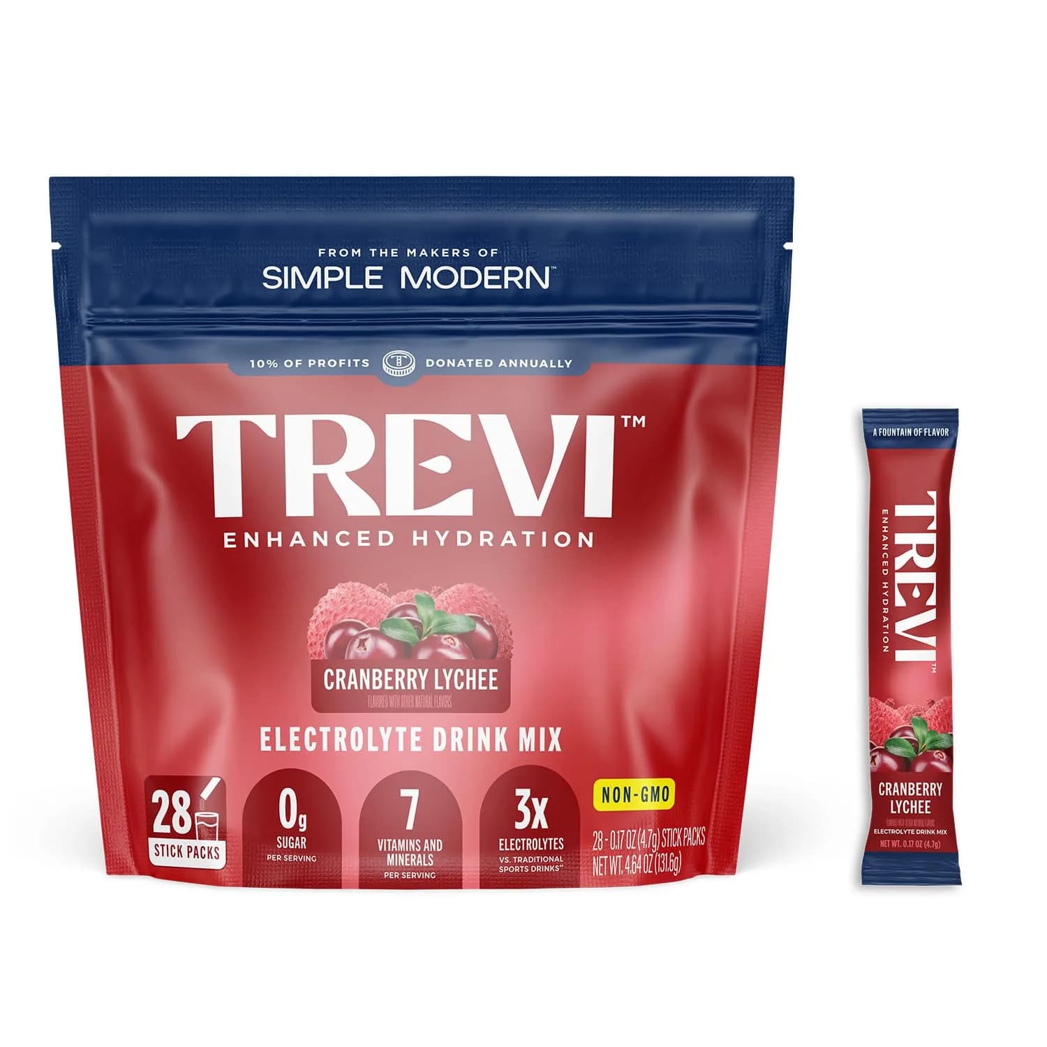 TREVI Everyday Sugar Free Electrolytes Hydration Powder Packets Cranberry Lychee Flavor | Essential Drink Mix for Daily Performance - main product image