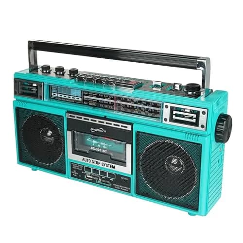 Supersonic SC-3201BT Teal Retro Cassette Boombox | Bluetooth, AM/FM/SW Radio, MP3, USB, SD Card, 3-Band EQ, 1.8 kg (3.85 lb) thumbnail 1