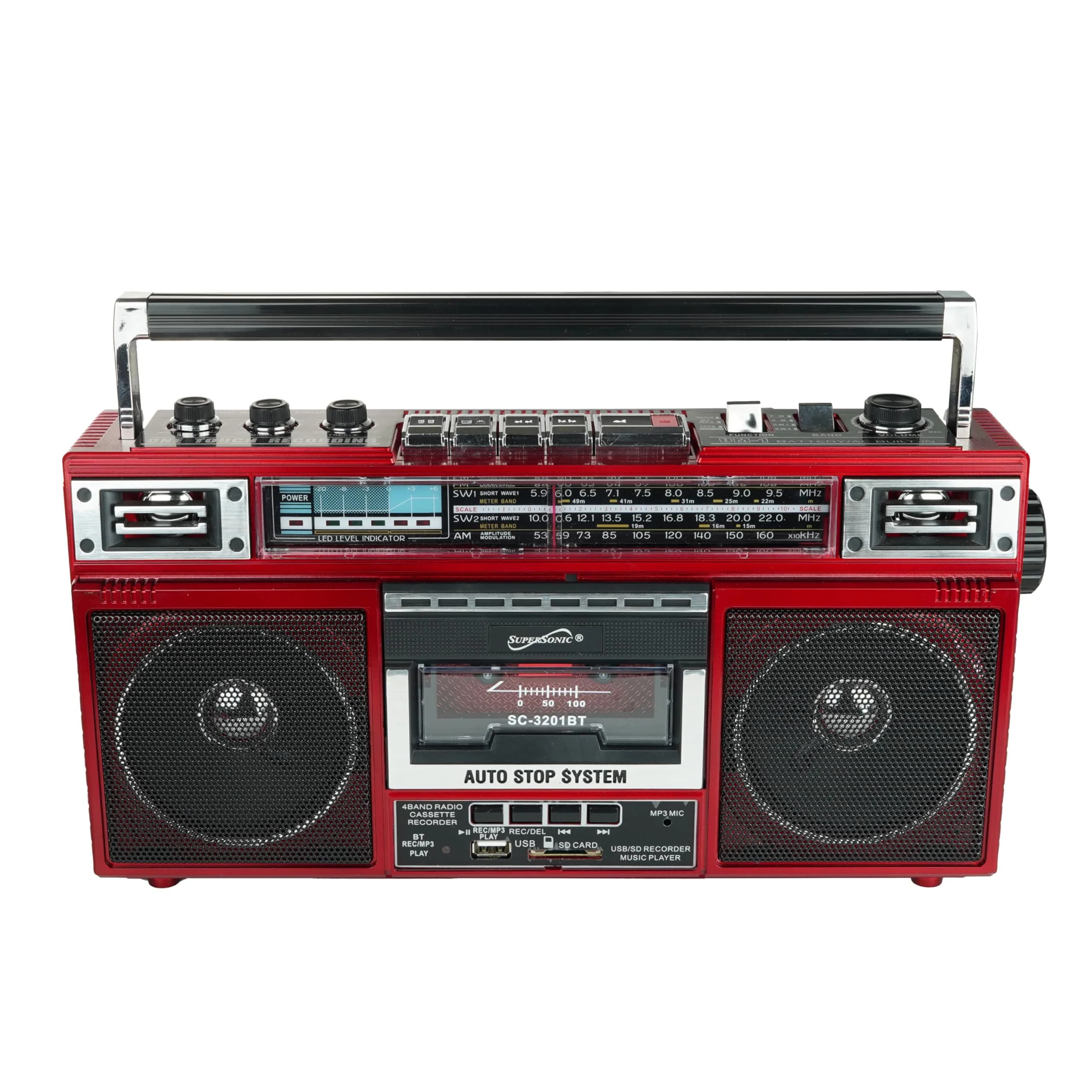 Supersonic SC-3201BT Retro Boombox with Bluetooth, Cassette Player & MP3 Playback - Red - view 3