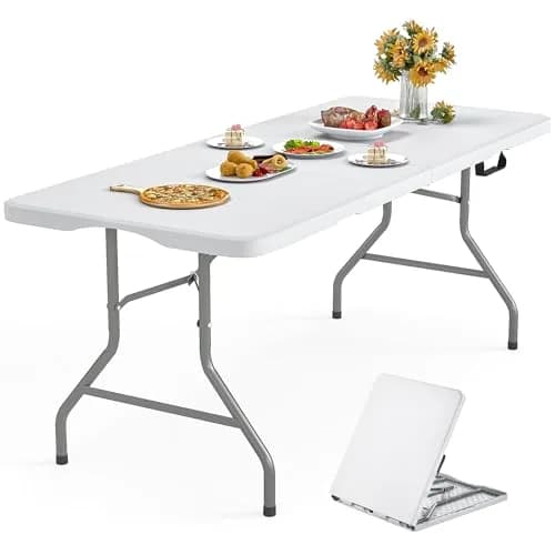 LUCKPRO 8Ft Foldable Table Impact-Resistant Waterproof Resin Surface, Steel Frame, Safety Locks, Indoor & Outdoor Use, White, 8FT | Versatile & Portable thumbnail 1
