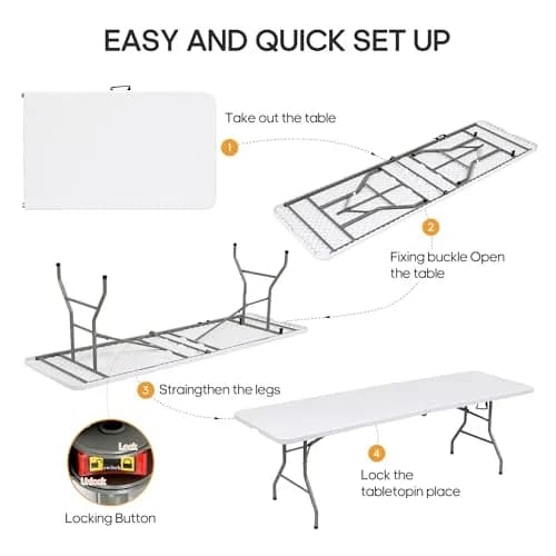 LUCKPRO 8Ft Foldable Table Impact-Resistant Waterproof Resin Surface, Steel Frame, Safety Locks, Indoor & Outdoor Use, White, 8FT | Versatile & Portable thumbnail 8