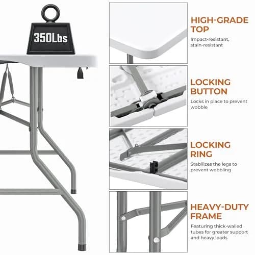 LUCKPRO 8Ft Foldable Table Impact-Resistant Waterproof Resin Surface, Steel Frame, Safety Locks, Indoor & Outdoor Use, White, 8FT | Versatile & Portable thumbnail 3