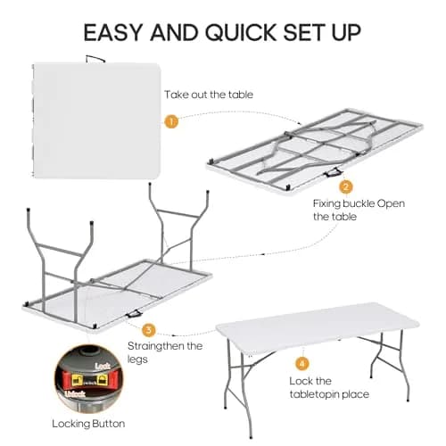 LUCKPRO 6ft Folding Table Heavy Duty 350 LBS Capacity Waterproof HDPE Top & Steel Frame | Portable Indoor Outdoor thumbnail 9