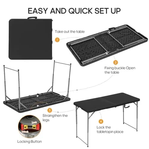 LUCKPRO 4ft Folding Table Heavy Duty | Portable, Black, 48x24in, Indoor & Outdoor Use thumbnail 8