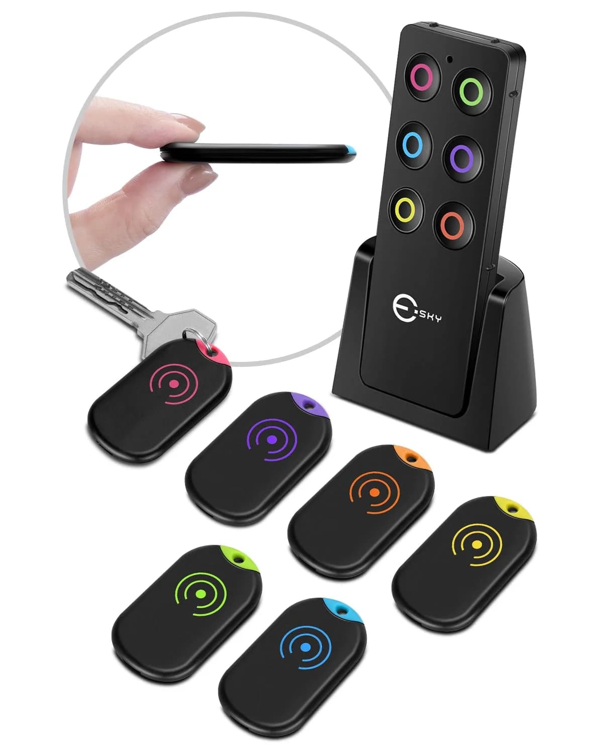 Esky Key Finder Locator with Sound, 6 Receivers & LED Light | 30m (100ft) Range — Ultra-slim Black