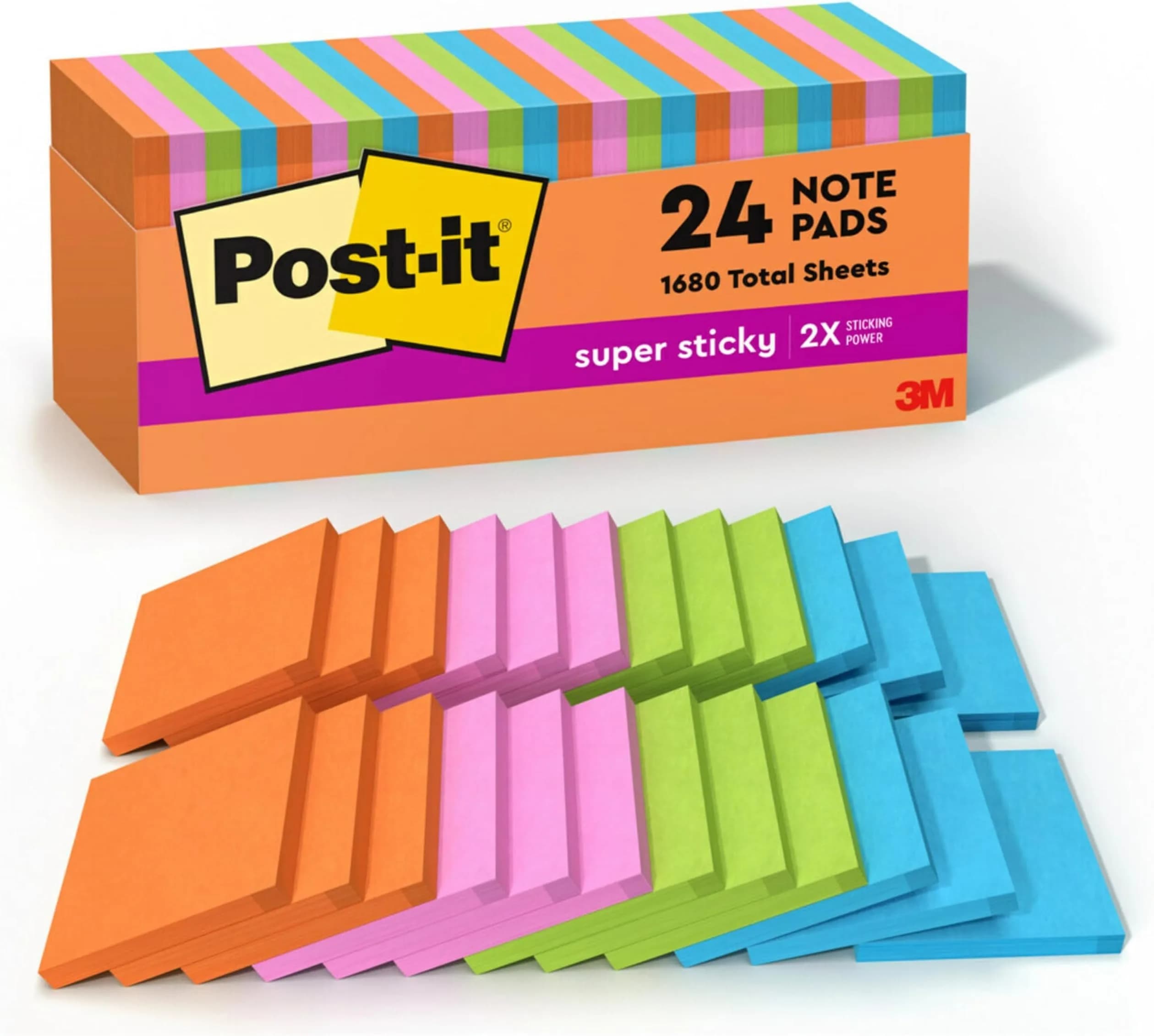 Post-it Super Sticky Notes 3 x 3 in Neon Fizz 24 Pads (70 Sheets/Pad) | 2X Sticking Power — Energy Boost